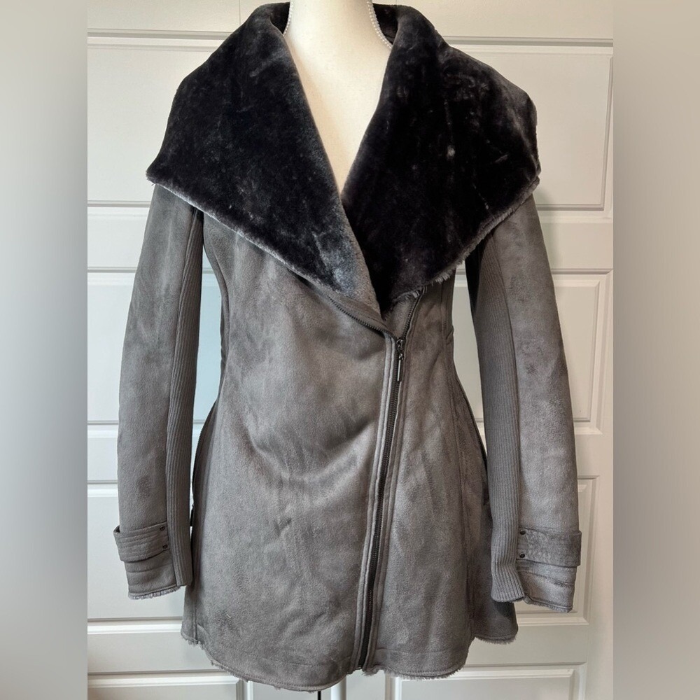 Weatherproof Faux Suede Drape Front Coat Faux Fur Collar Asymmetrical Zip Gray S